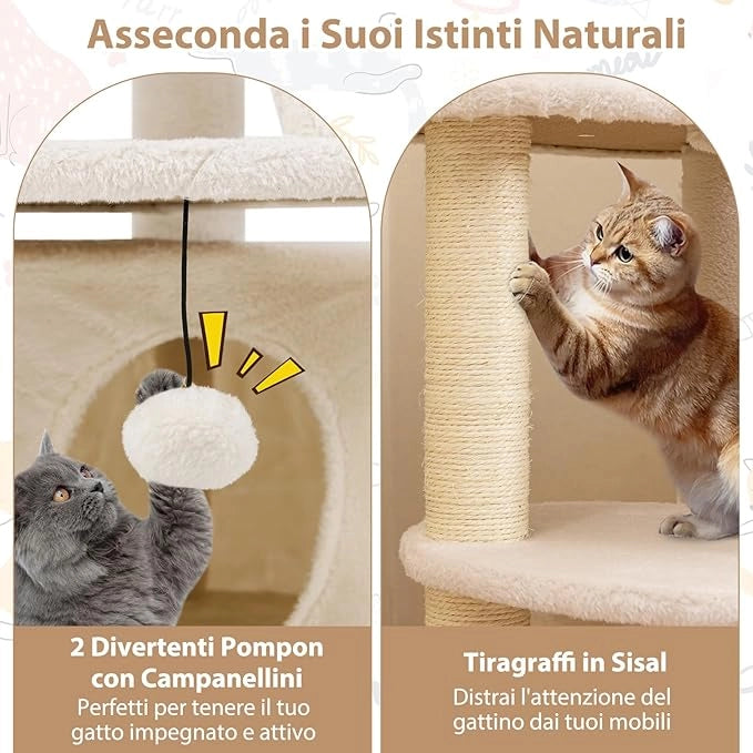 Albero per Gatti Adulti, Torre per Gatti Alta 101 cm con Condominio, Piattaforma Imbottita, Tiragraffi, Pallina di Peluche Pendente e Scala, Albero Tiragraffi in Legno per Interno (Bianco)