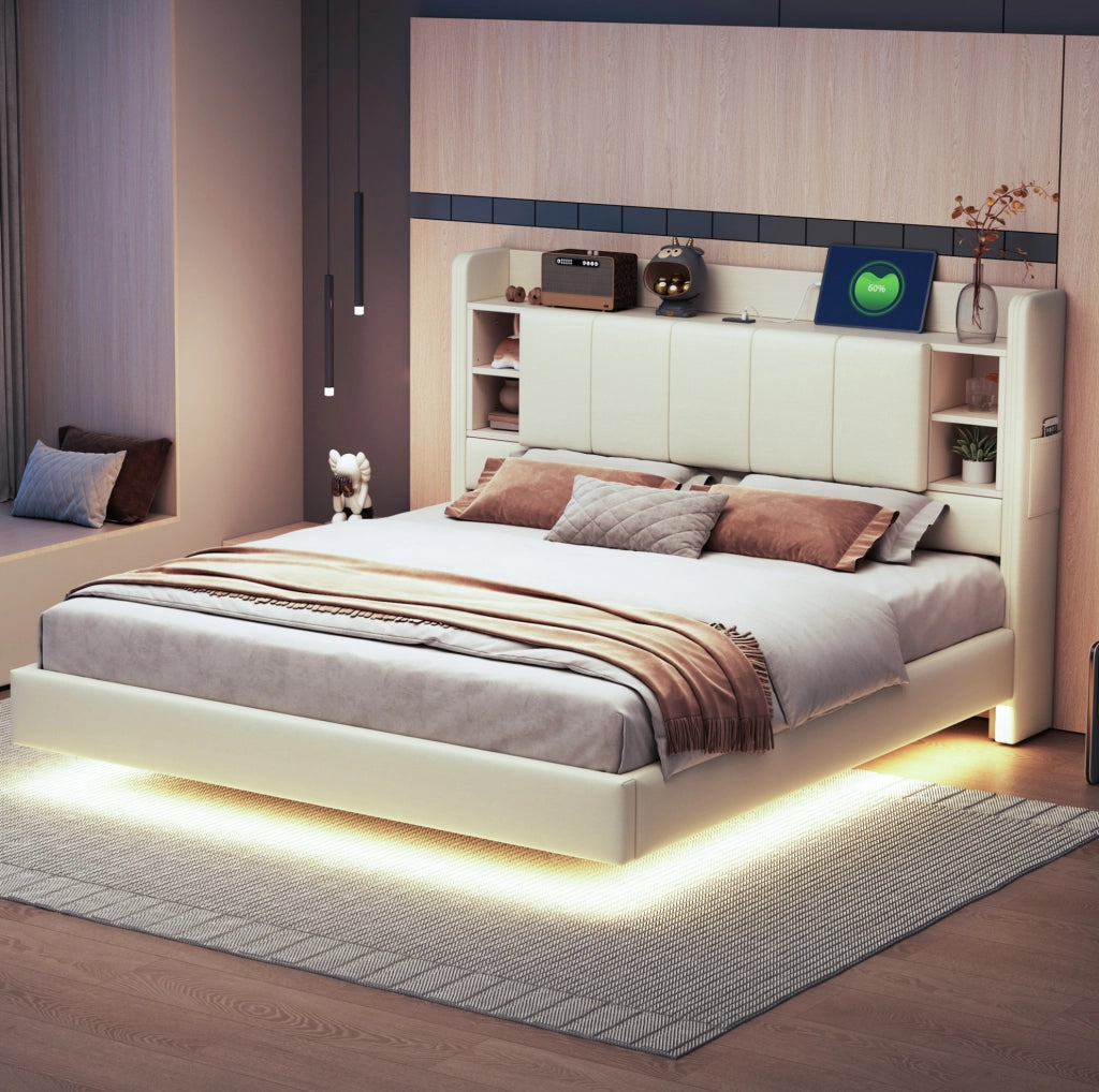 Letto imbottito 160x200 cm con LED; USB e vani portaoggetti in lino beige