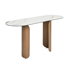 Consolle ovale a semicerchio in marmo porcellanato e acciaio color bronzo