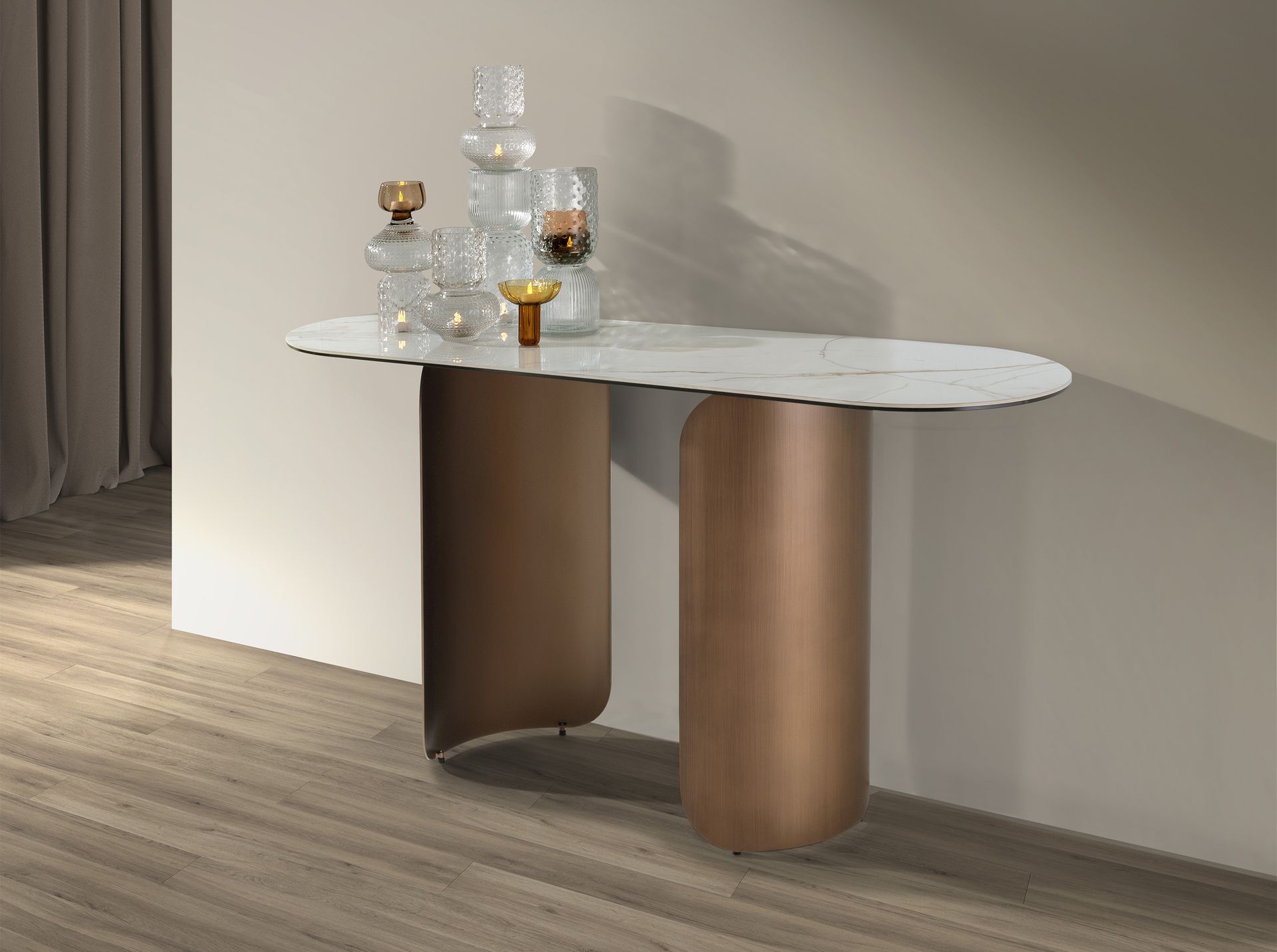 Consolle ovale a semicerchio in marmo porcellanato e acciaio color bronzo