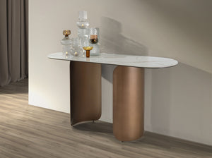 Consolle ovale a semicerchio in marmo porcellanato e acciaio color bronzo