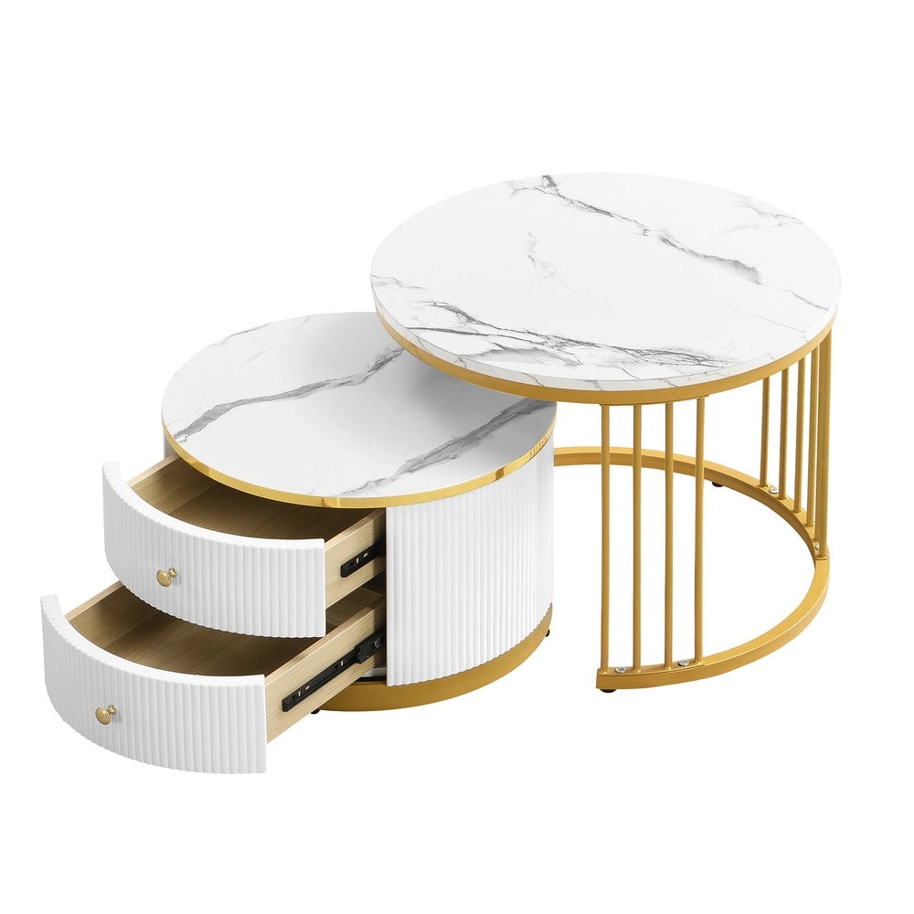 Set 2 Tavolini da Caff¨¨ Rotondi ¨C Xylo ¨C Bianco Lucido Effetto Marmo, 2 Cassetti, 60x60x45 & 50x50x32