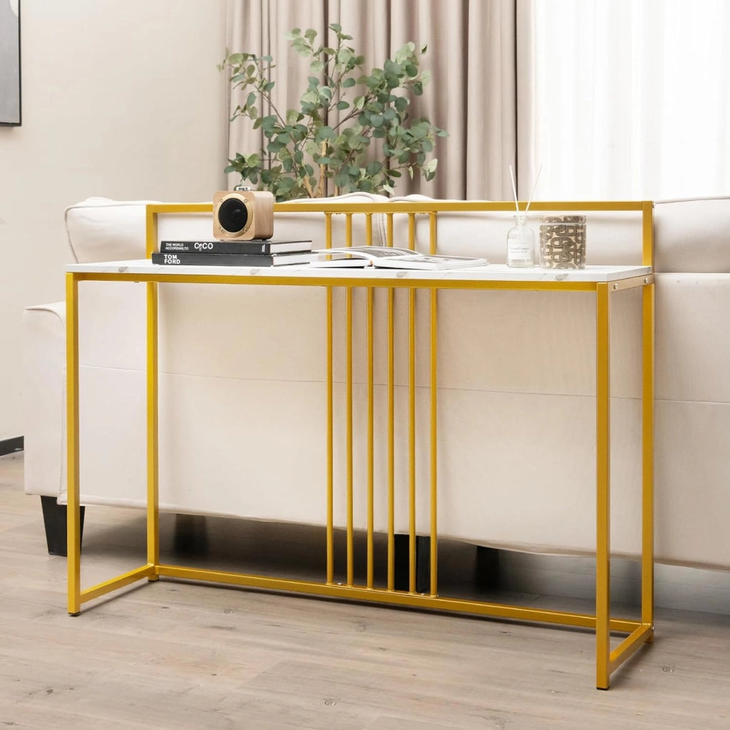 Consolle Ingresso, Mobile da Ingresso, Tavolo Alto e Stretto, Salvaspazio e Moderno, Con Struttura Metallica, Multiuso per Salotto e Corridoio, Portata 80 kg (Bianco)