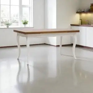Tavolo allungabile Shabby chic piano noce Bassano e base ondulata bianca gambe provenzali