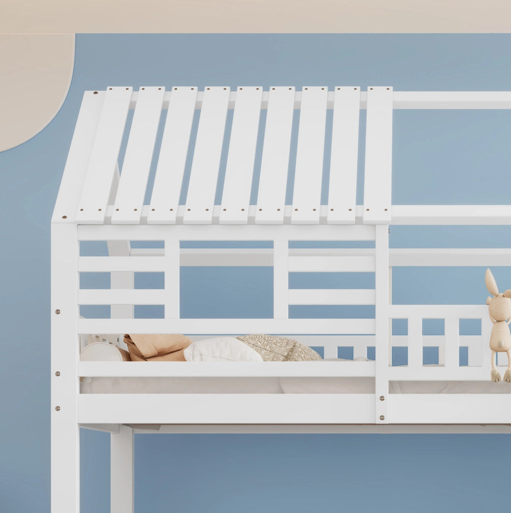 Letto a castello a casetta bianco 90x200 cm con scivolo