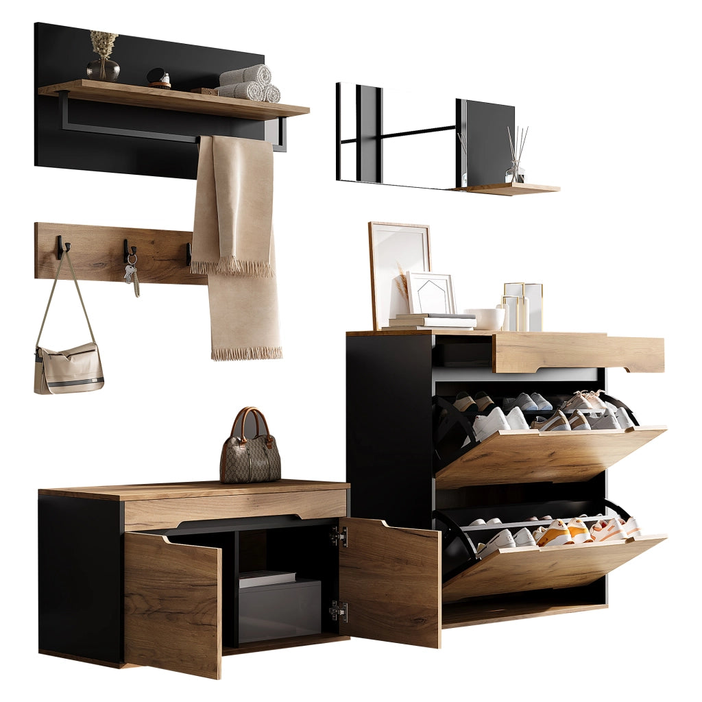 Mobile ingresso con 2 scarpiere; 1 cassetto e specchio - per ingresso - in MDF e truciolato - 156×36×176 cm - naturale e nero