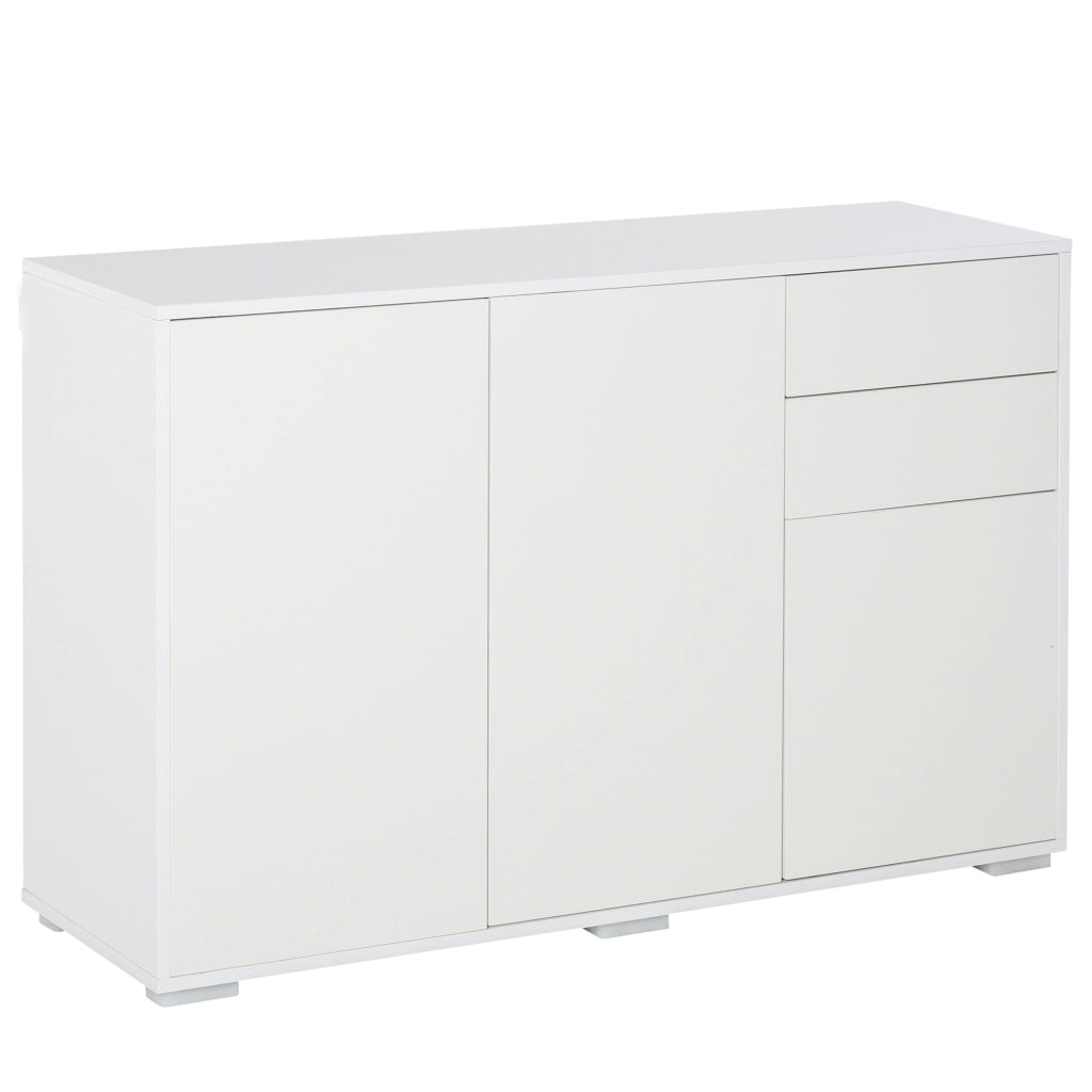 Mobiletto Multiuso in Legno Bianco con 2 Cassetti e 2 Armadietti con Apertura a Pressione, 117x36x74 cm