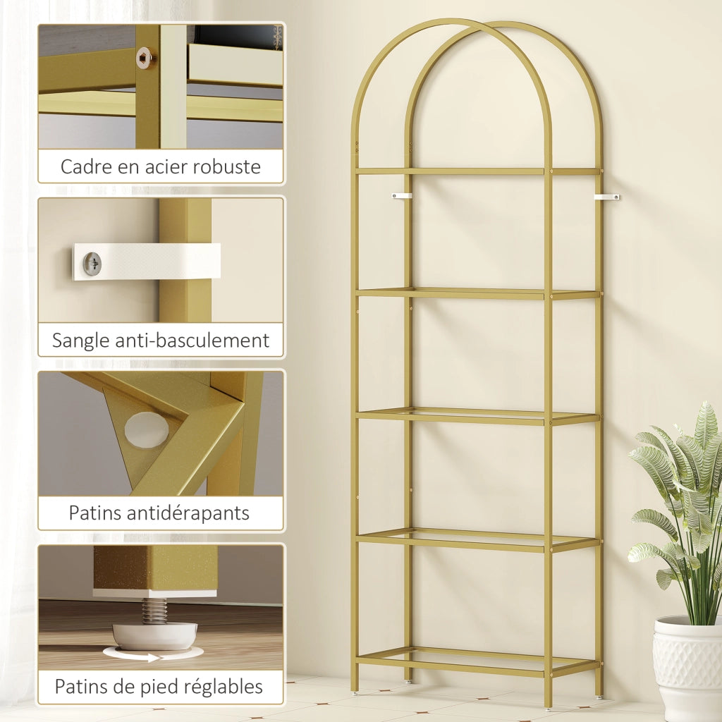 Libreria a 5 livelli in vetro arcuata ¨C zephmum ¨C dorato 60x30x175 cm