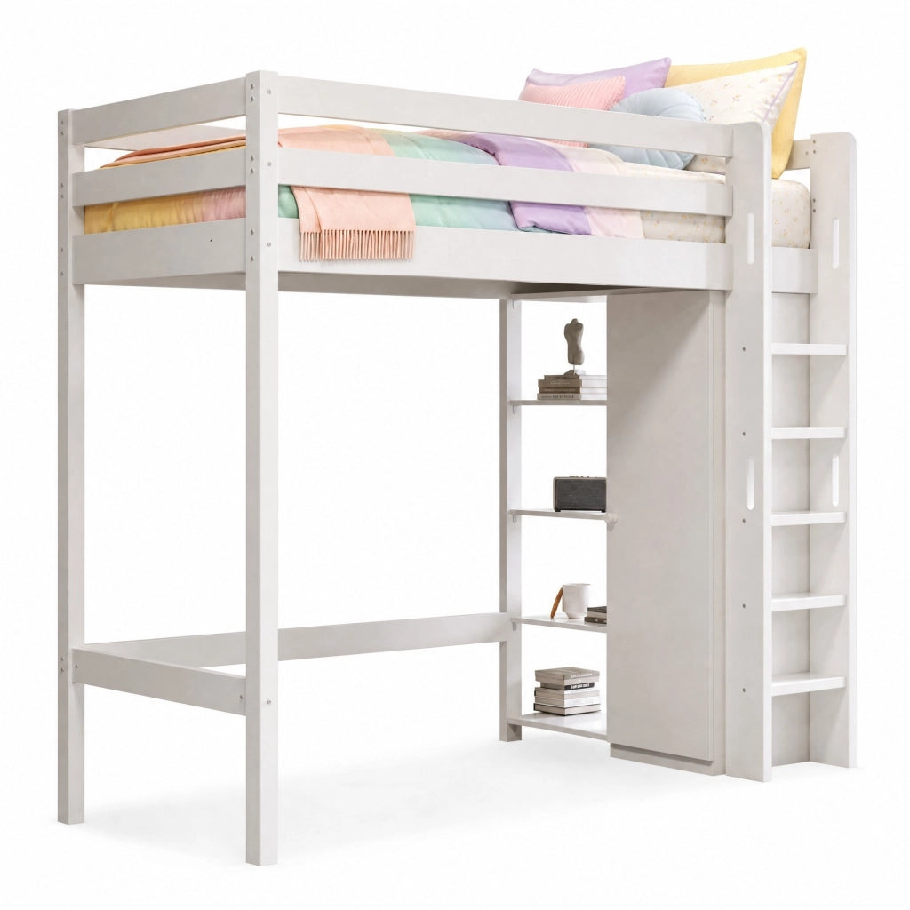 Letto a castello alto per bambini 90x200 cm con armadio e 6 ripiani; bianco