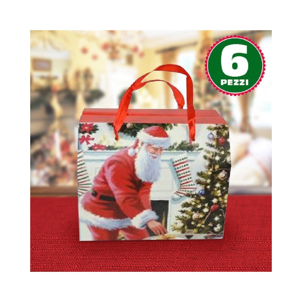 Trade Shop - 6 Scatole Da Regalo Stampa Babbo Natale Classico Manici Rossi 13,5x11,5x16,5cm -