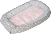 Nido per Bambini Cuddly, Paracotto per Culla 100% Cotone, Paracotto per Culla Portatile per Bambini, Infanti, 100 x 60 x 15 cm Inserzione Rimovibile (Stelle Grigie con Minky Rosa Chiaro)