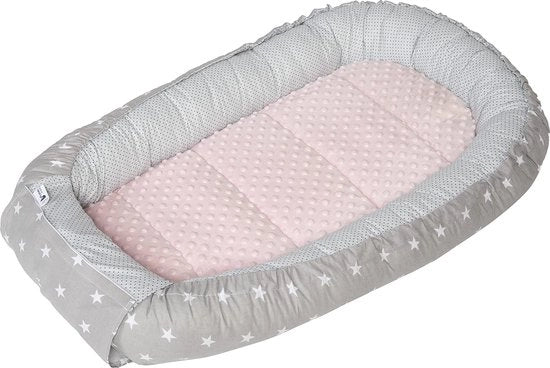 Nido per Bambini Cuddly, Paracotto per Culla 100% Cotone, Paracotto per Culla Portatile per Bambini, Infanti, 100 x 60 x 15 cm Inserzione Rimovibile (Stelle Grigie con Minky Rosa Chiaro)