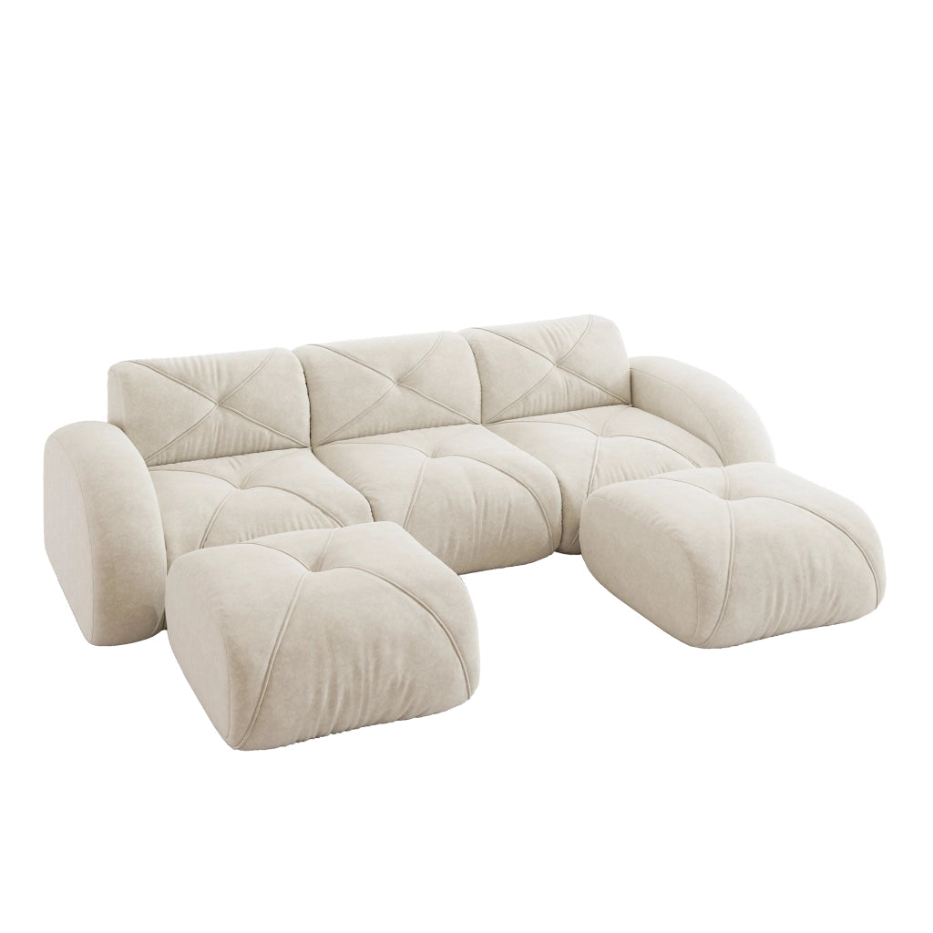 Divano panoramico a U modulare 3 posti senza telaio con 2 pouf in ciniglia beige chiaro 281 × 171 × 76 cm