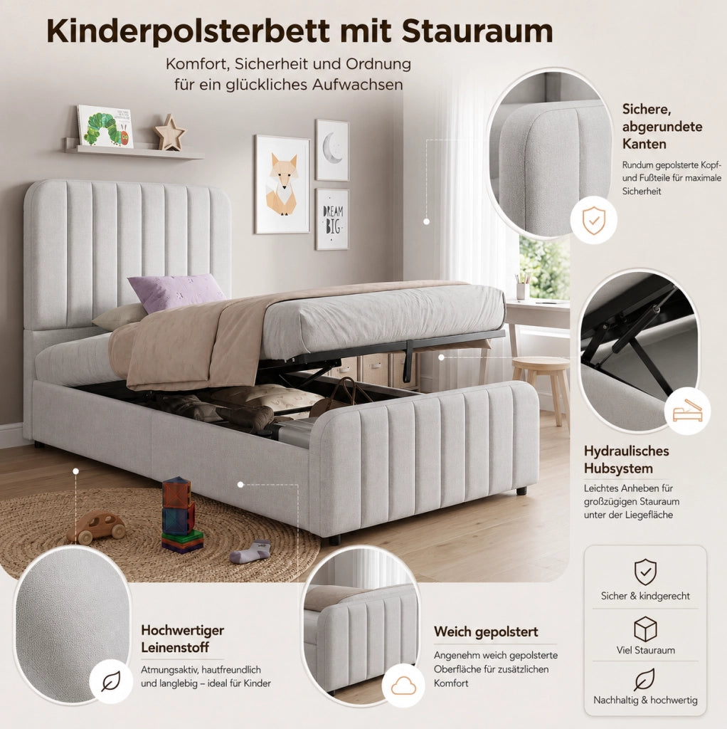 Letto singolo imbottito 90x200 cm con contenitore; rete inclusa; grigio in lino