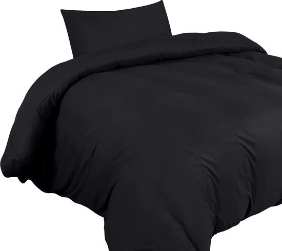Set di coperta da letto - Microfibra - 135x200 cm + Copri cuscino 50x75 cm - Nero - Polyester borcato - Lavabile in macchina