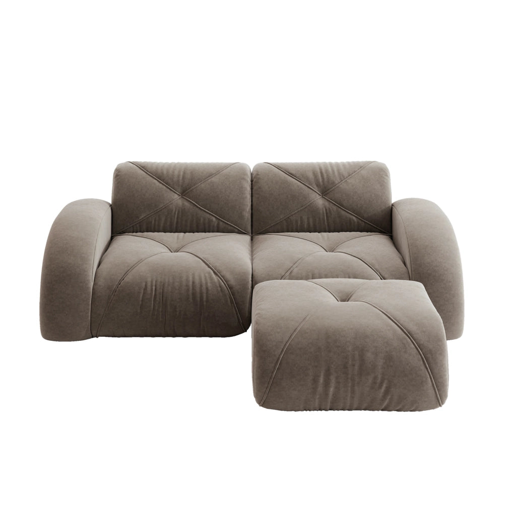 Divano modulare taupe in chenille con pouf; schiuma 32D ad alta densità