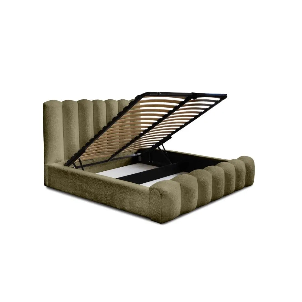 Letto contenitore BADJA – Tessuto bouclé Salvia essiccata – 160x200 cm – Rete sollevabile – Design di alta gamma