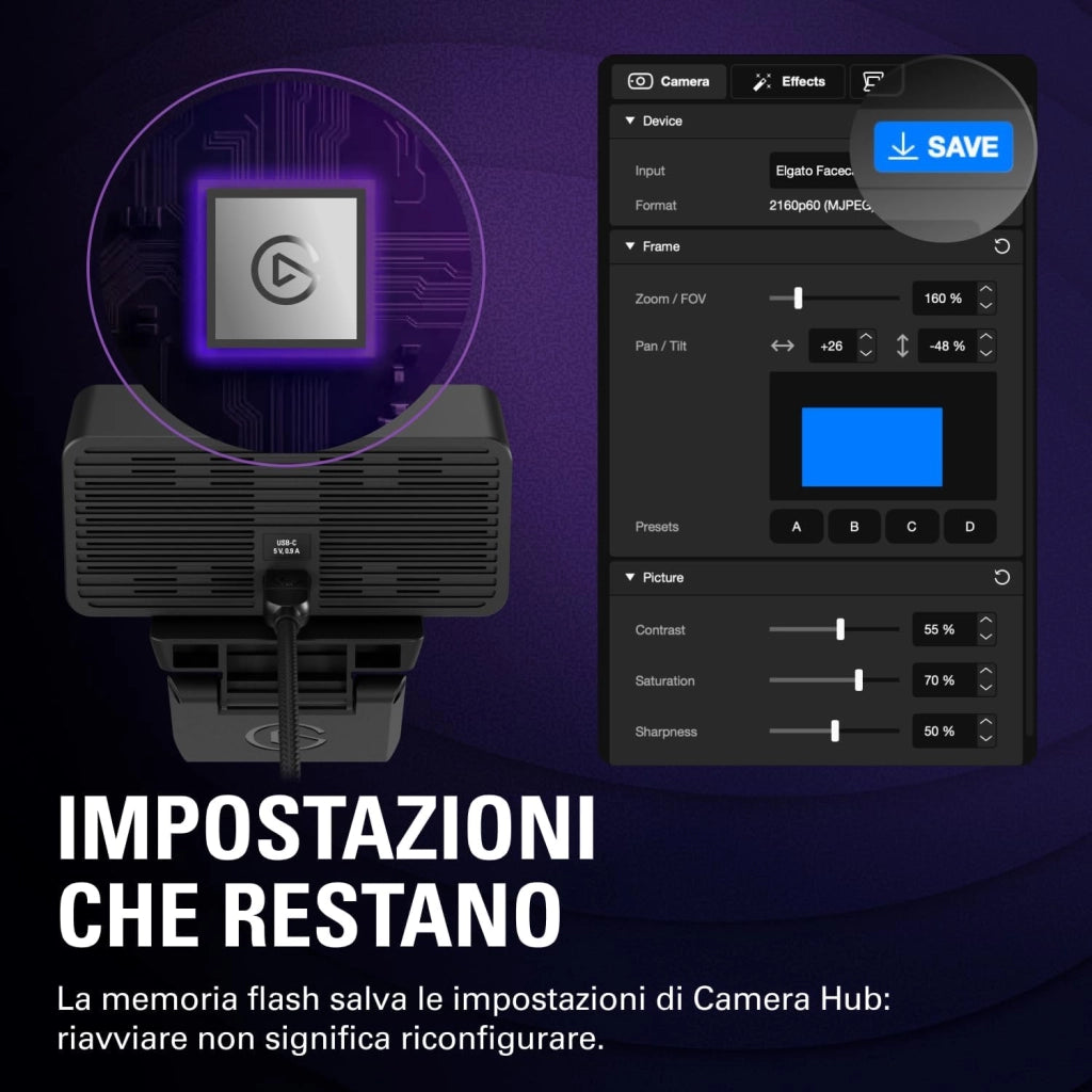 Facecam 4K - webcam da studio 4K60, controllo in stile DSLR, effetti cinematografici, filtri per obiettivo da 49 mm, video non compresso, area di messa a fuoco ottimizzata | USB-C per PC e Mac