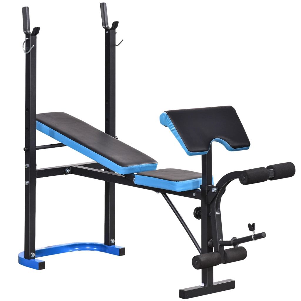 Panca Multifunzione  155x56,5x120 cm con Supporto Bilanciere e Schienale Regolabile in Acciaio e PU Nero e Blu