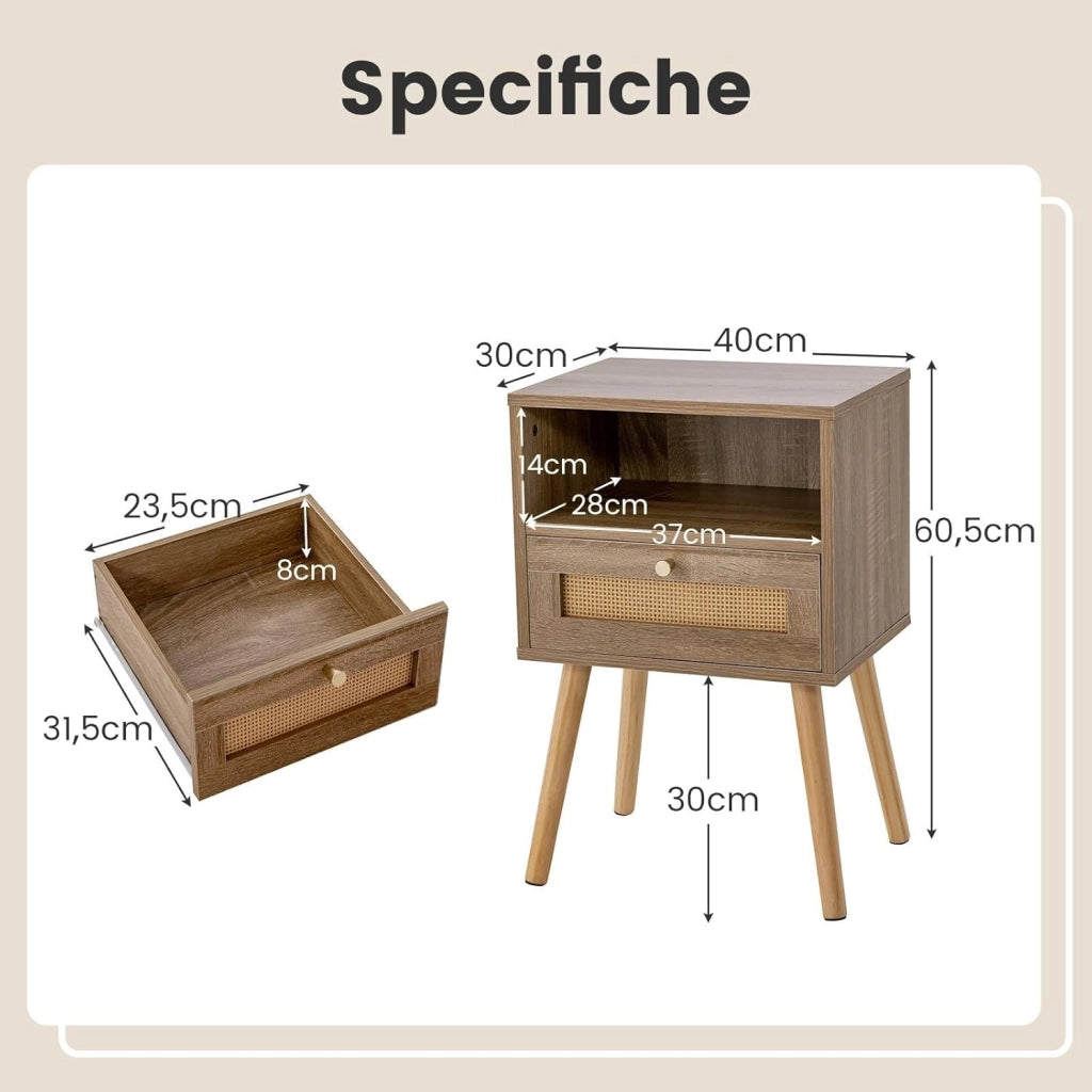 Set di 2 Comodini in Rattan, Comodini con Cassetto e Gmabe in legno, 2 Pezzi Comodini in Stile Boho con Vano Aperto, Tavolino Laterale per Camera da Letto, Soggiorno