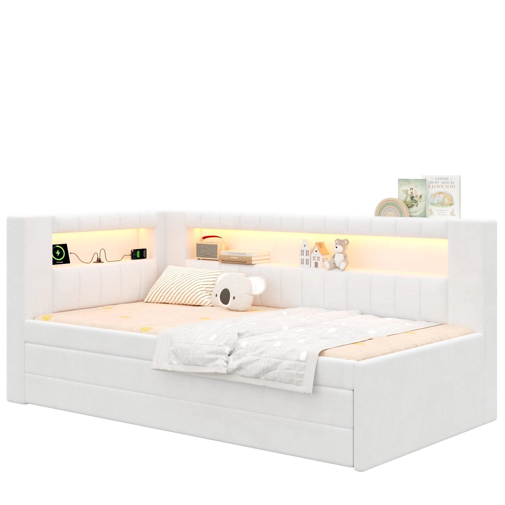 Letto imbottito con giroletto e cassetti ¨C Minimal ¨C Bianco 90x200 cm con LED