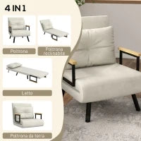 Poltrona Letto 3 in 1 con Schienale Reclinabile e Cuscino, in Tessuto Effetto Velluto, 63x73x81 cm, Crema