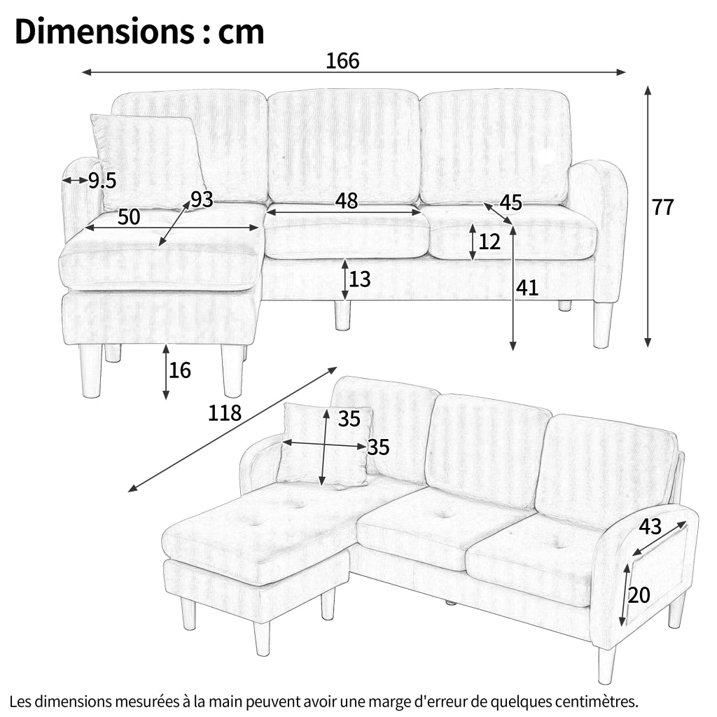 Divano angolare modulare 3 posti - con chaise longue reversibile - in tessuto a coste blu