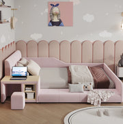 Letto imbottito 140x200 cm con scrivania; sgabello e ripiano in velluto rosa
