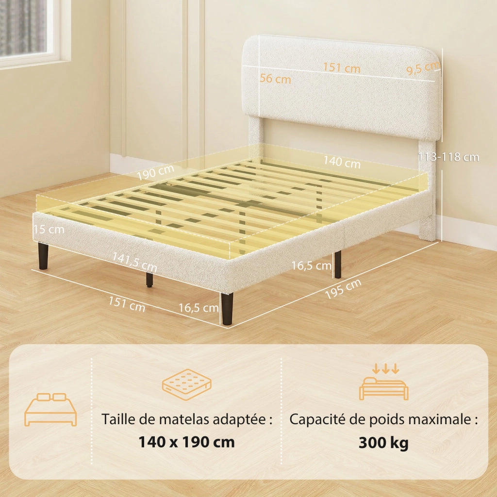 Letto matrimoniale imbottito in velluto con testiera regolabile e rete a doghe in metallo ¨C zephmum ¨C bianco 140x190
