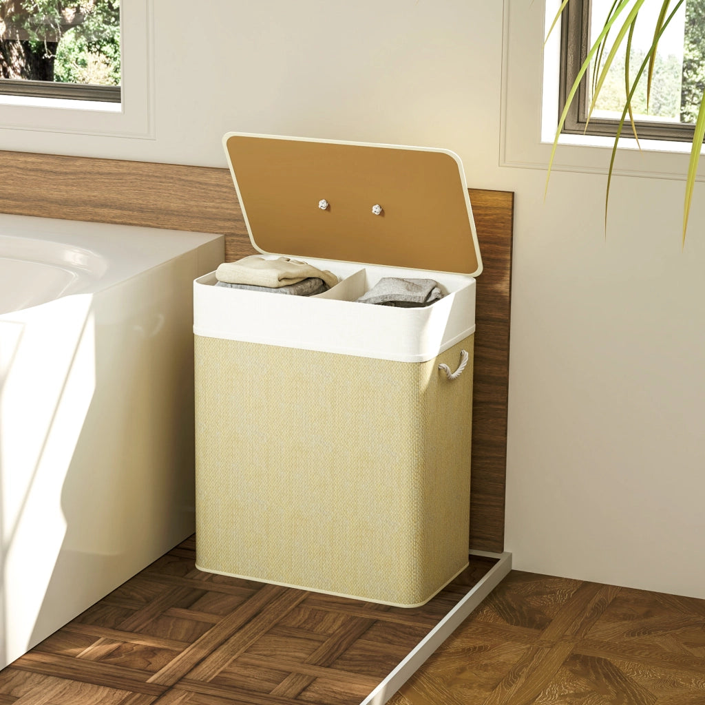 Cestino per Biancheria in Bamb¨´ con 2 Scomparti e Maniglie ¨C Zephmum ¨C 52x32x63 cm