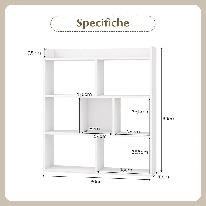 Libreria a Cubi con 7 Scomparti, Mensola Espositiva per l'Archiviazione, Libreria in Legno con Dispositivi Anti-Ribaltamento, per Studio Soggiorno, 80x20x90 cm (Bianco)