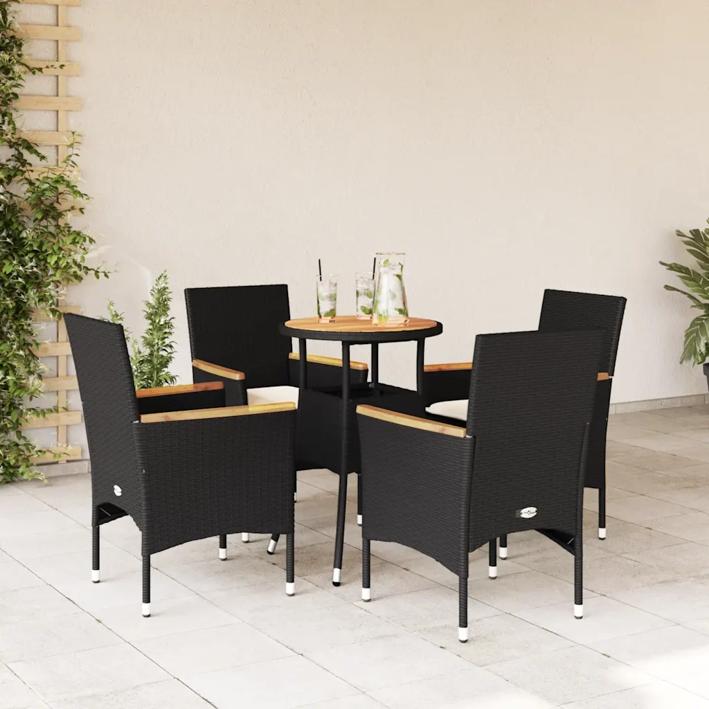 Set Pranzo da Giardino 5 pz | Set Salotto da Giardino con Cuscini Nero Polyrattan Acacia
