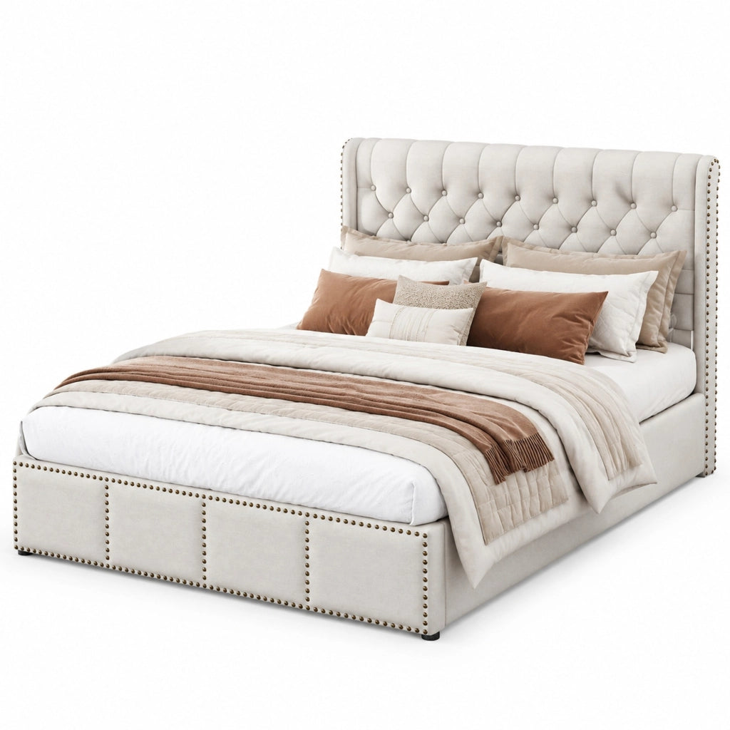 Letto imbottito 160 x 200 cm in lino grigio con contenitore, stile europeo minimalista, senza materasso