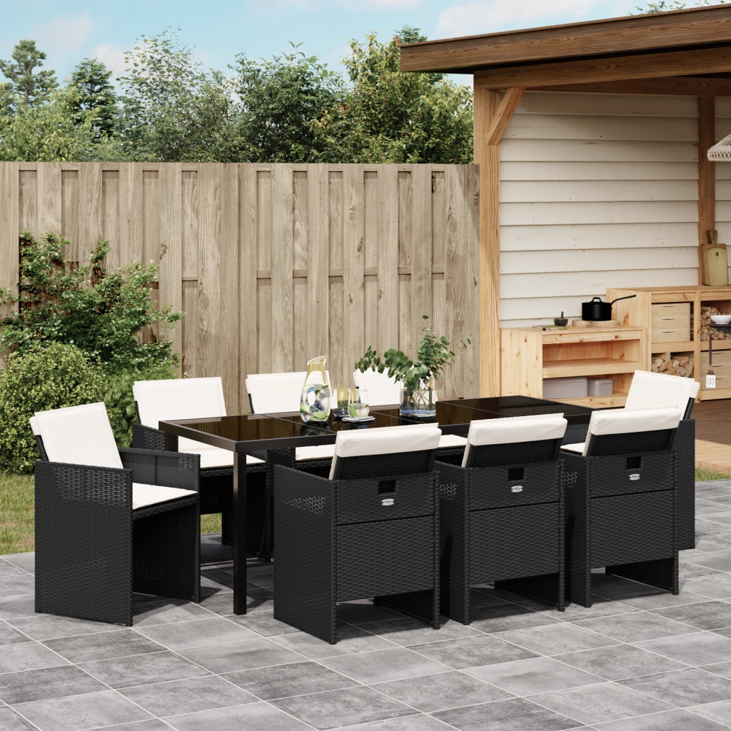 Set da pranzo da giardino 9 pezzi con cuscini in rattan polimerico nero
