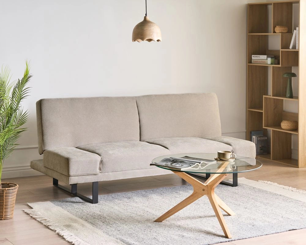 Divano Letto in Tessuto beige chiaro ciniglia con schienale reclinabile e struttura in legno stile moderno