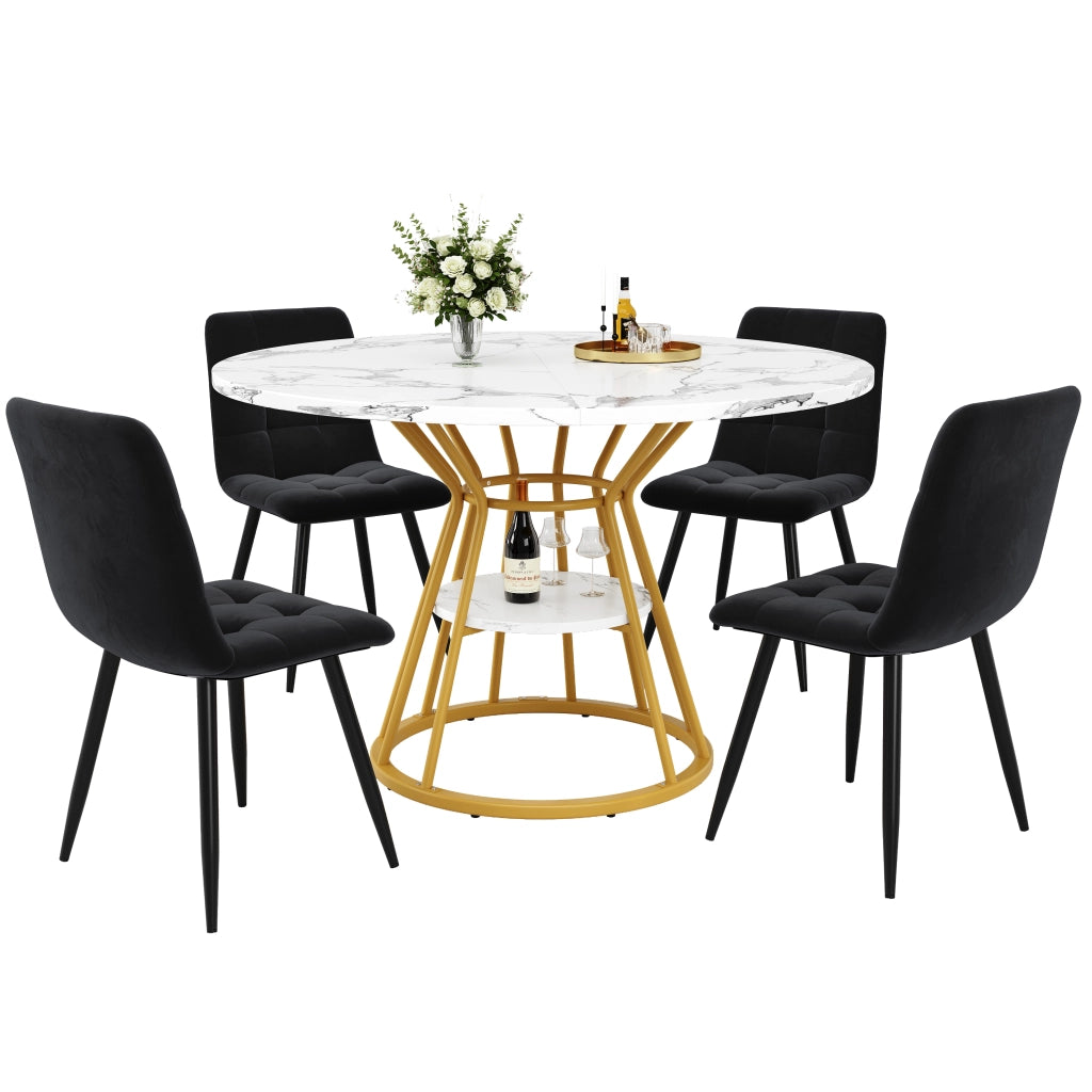 Set Tavolo Rotondo con 4 Sedie in Velluto ¨C Xylo ¨C Piano Marmo, 100x100x76, Nero