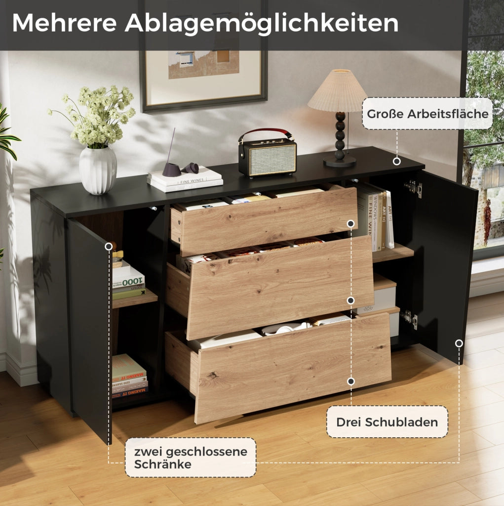 Sideboard 140×35×70 cm in MDF Nero e Legno con 3 Cassetti e 2 Ante Regolabili