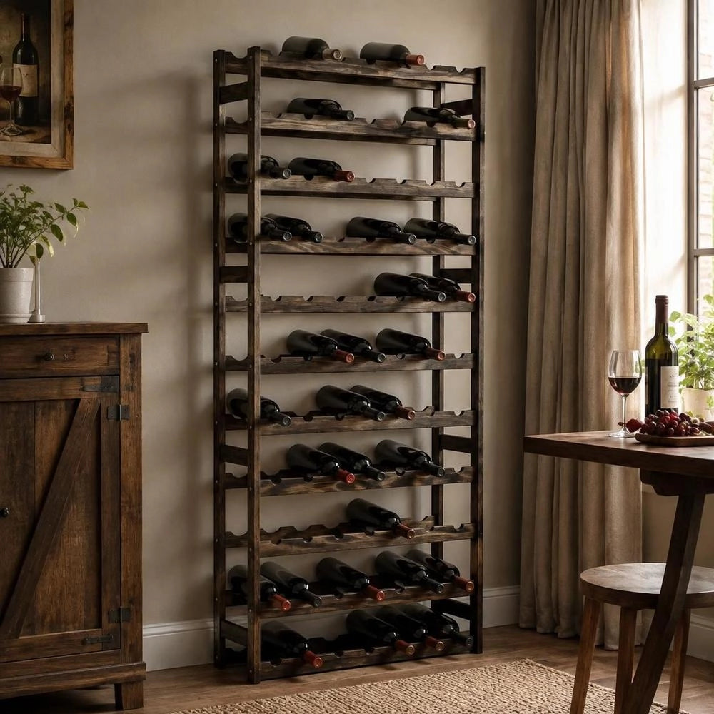 Wine Rack For 77 Bottles, Black Solid Pine Wood