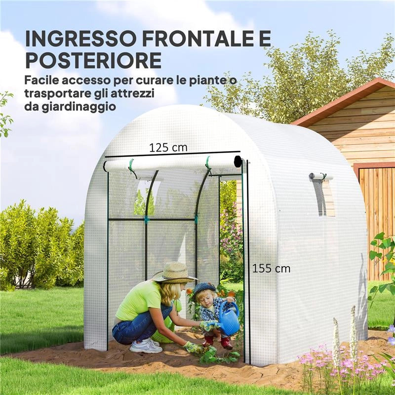 SERRA A TUNNEL PER ORTO 1.8X1.8X2 M IN ACCIAIO E PE ANTI UV CON PORTE AVVOLGIBILI E FINESTRE, BIANCA