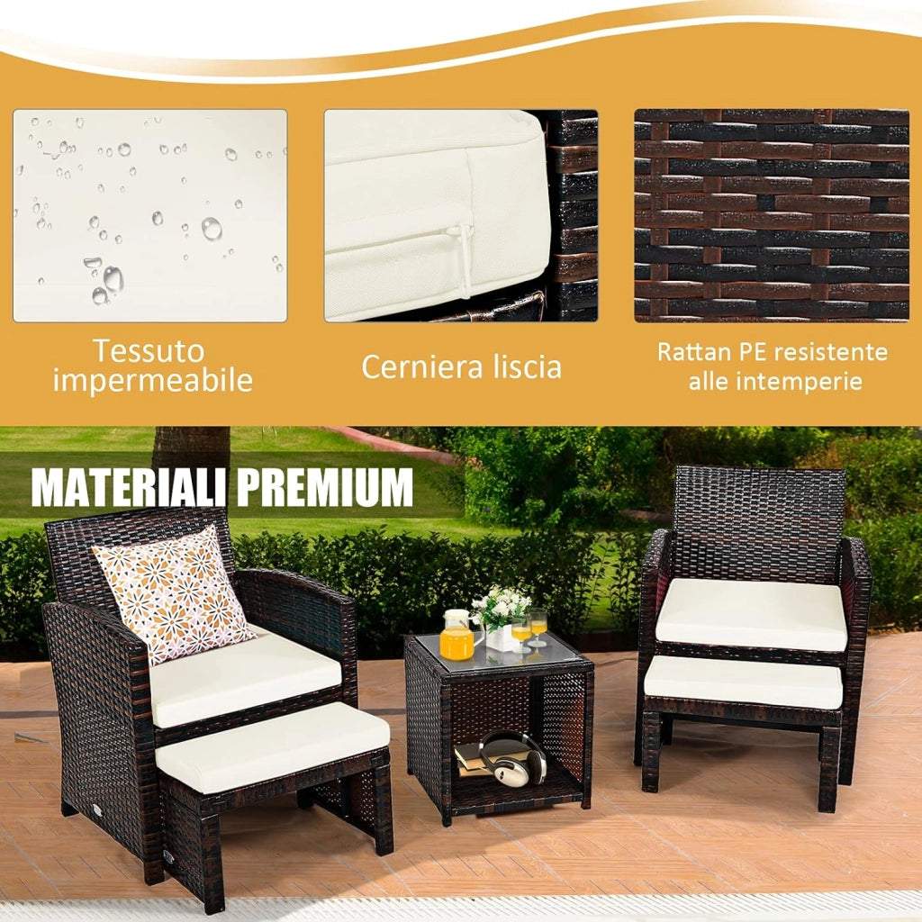 Set di 5 Mobili in Rattan, Set Conversazione da Esterno con Sedia e Ottomana e Tavolino da Caffè in Vetro Temperato, Braccioli Imbottiti, Perfetto per Giardino Cortile Piscina (Bianco)