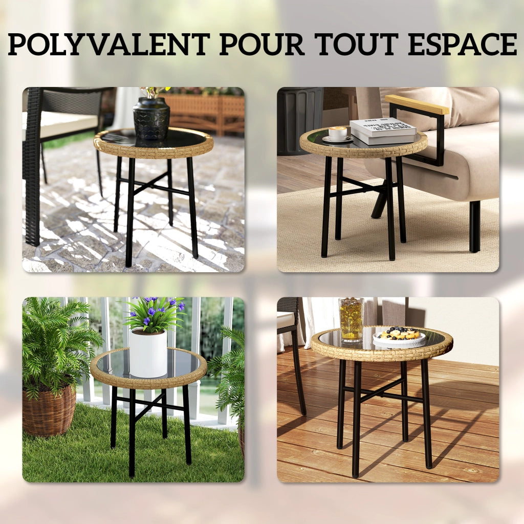 Tavolino da giardino rotondo in polyrattan con piano in vetro temperato ¨C zephmum ¨C 46x46x43cm