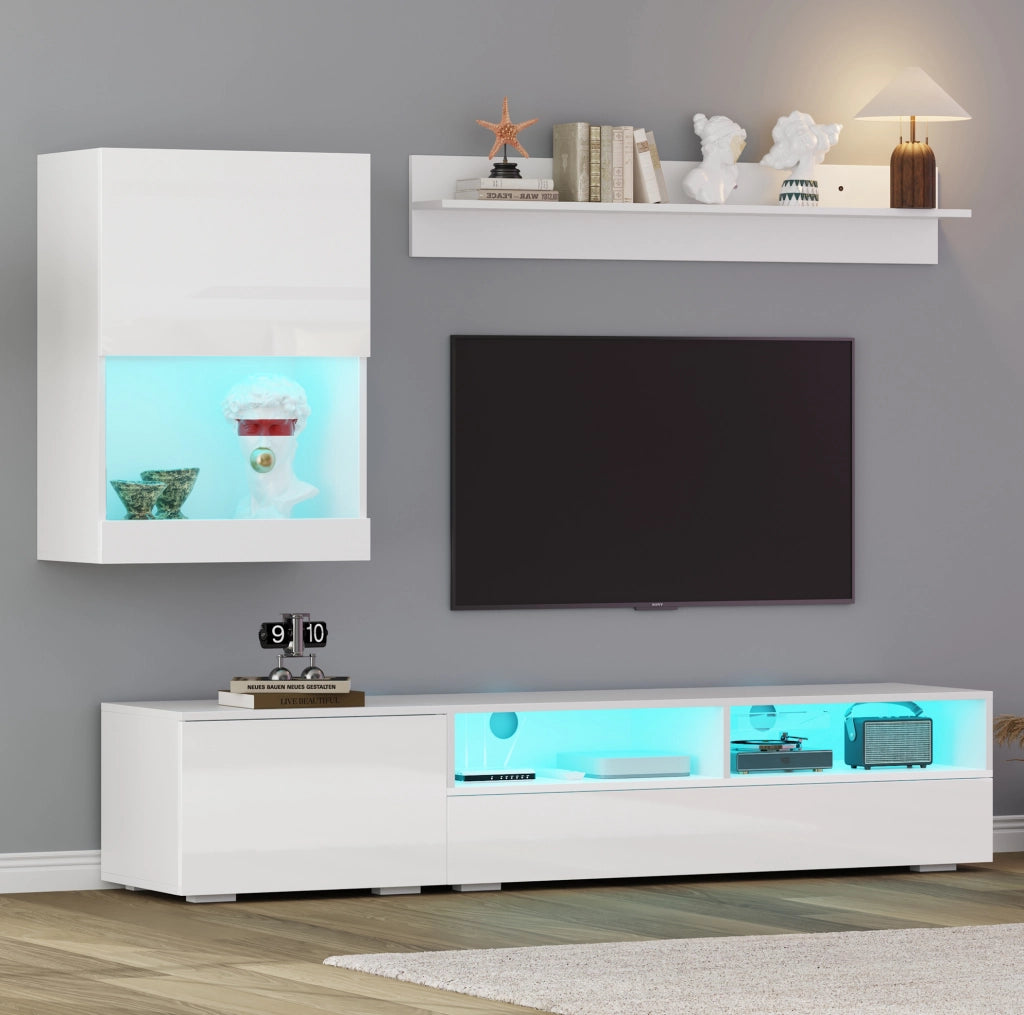 Parete attrezzata TV bianca 3 pezzi con LED, mobili TV 175 cm