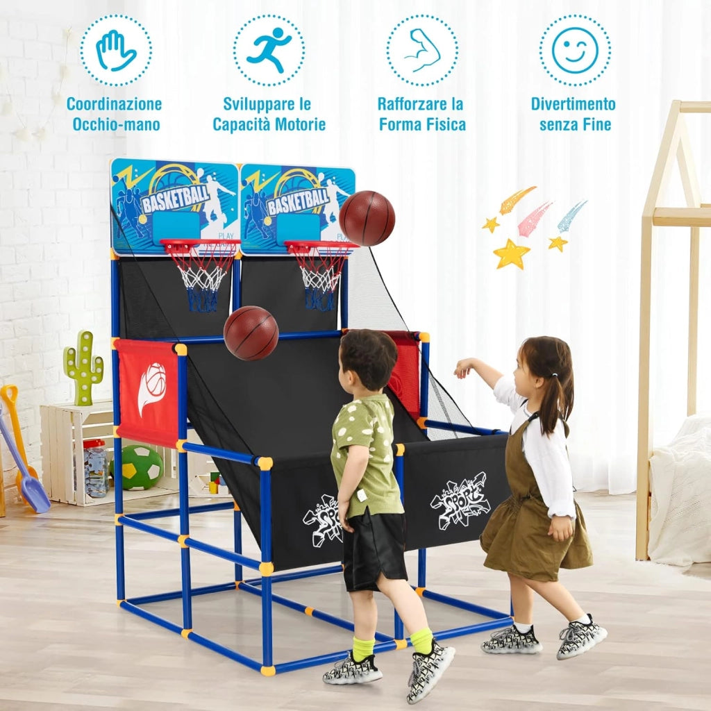 Canestro Basket da Camera per Bambini, Gioco Pallacanestro a Doppio Tiro con 4 Palline e Pompa di Gonfiaggio, Ideale per Sala Giochi e Cortile e Cameretta, 90 x 90 x 140 cm