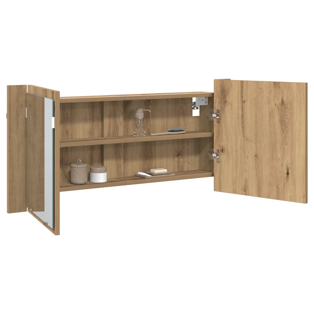 Mobiletto Specchiera LED Rovere Artisanale 100x12x45 cm Legno Ingegnerizzato