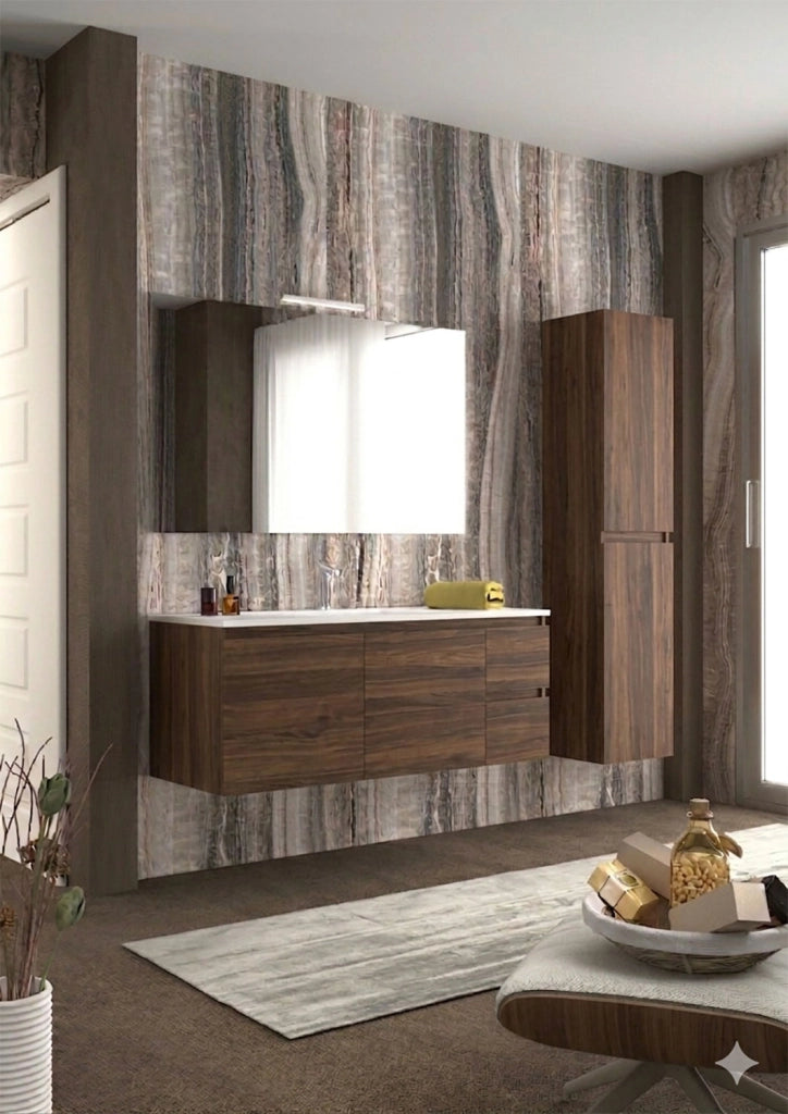 Mobile da Bagno Sospeso con Lavabo 100 cm e Specchio Bali Light 2+2 Noce Scuro