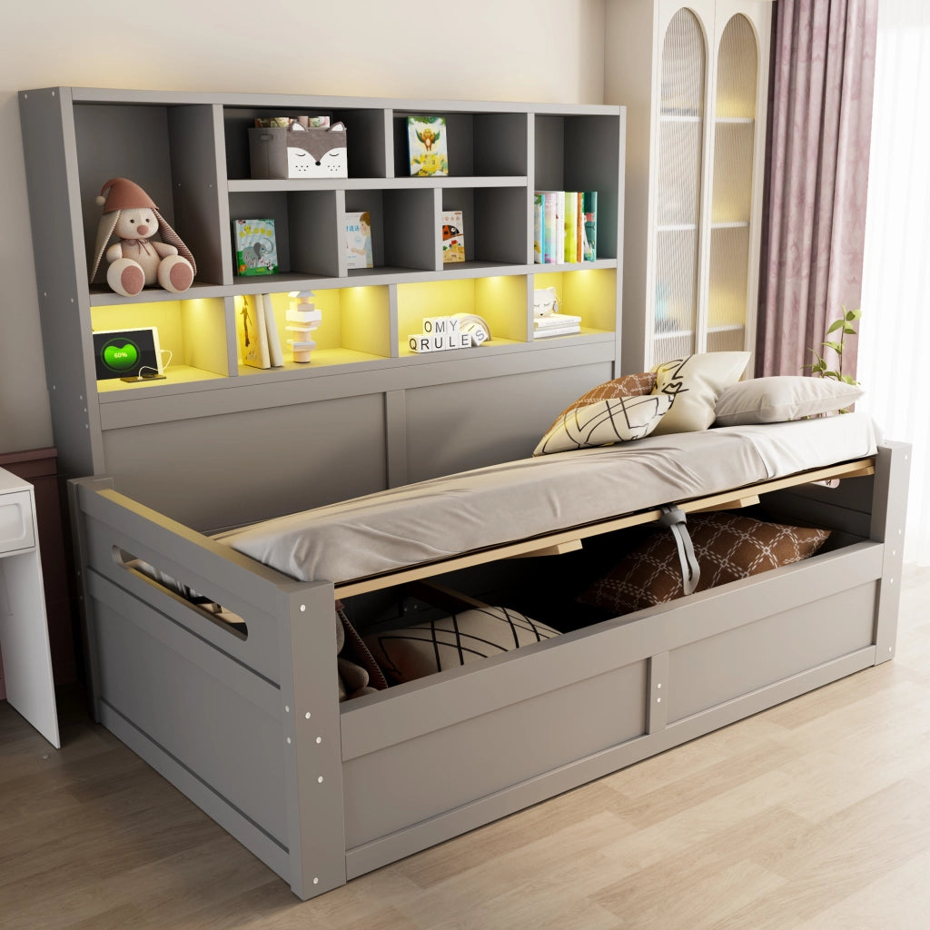 Letto contenitore 90x200 cm con sollevamento idraulico; LED; USB e ripiani portaoggetti; MDF grigio