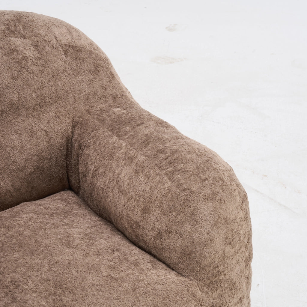 Pouf poltrona ergonomico con imbottitura in schiuma triturata e braccioli in pelliccia sintetica kaki