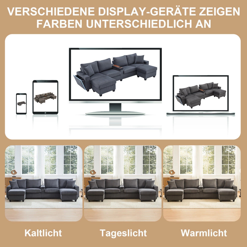 Divano a U con contenitore; lampada e USB in velluto a coste grigio 334×128.5×81 cm