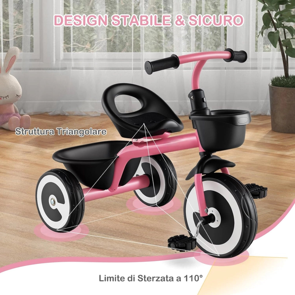 Triciclo per Bambini, Trike con Sede Regolabile Cestini Anteriori e Posteriori, Bicicletta a 3 Ruote con Telaio in Ferro Carbonioso di Alta Resistenza, per Bambini 1,5-5 Anni (Rosa)