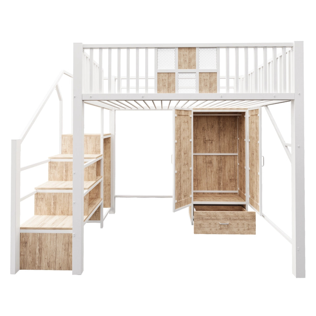 Letto a soppalco in metallo e legno con armadio, cassetti e scala contenitore, bianco, 140 x 200 cm